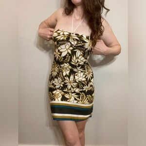 Flattering vintage tropical floral halter pencil dress by City Triangles.